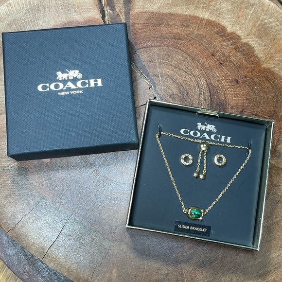 NIB COACH Signature With Malachite Slider Bracelet & Open Circle Earrings Set - Picture 3 of 15